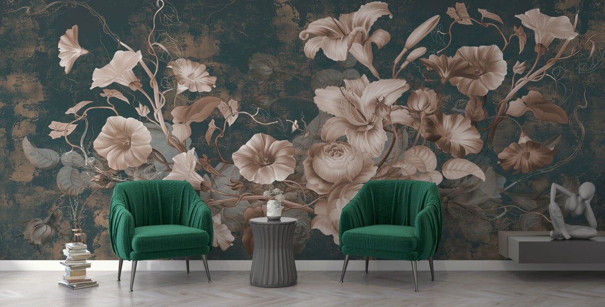 Vintage Lily and Rose Wallpaper : Blush Flowers on Teal Mural - View 2