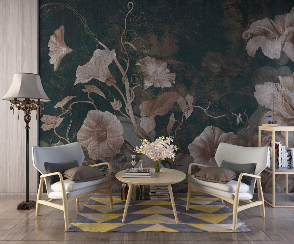 Vintage Lily and Rose Wallpaper : Blush Flowers on Teal Mural
