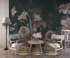 Vintage Lily and Rose Wallpaper : Blush Flowers on Teal Mural