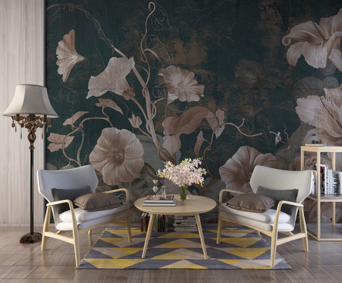 Vintage Lily and Rose Wallpaper : Blush Flowers on Teal Mural