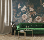 Vintage Lily and Rose Wallpaper : Blush Flowers on Teal Mural - View 3