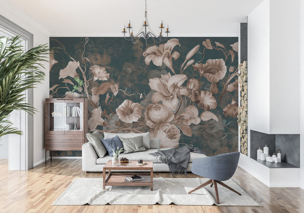 Vintage Lily and Rose Wallpaper : Blush Flowers on Teal Mural - View 4