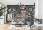 Vintage Lily and Rose Wallpaper : Blush Flowers on Teal Mural - View 4