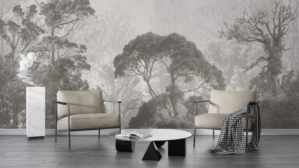 Grey Misty Trees Wallpaper : Soft Forest Silhouette Mural