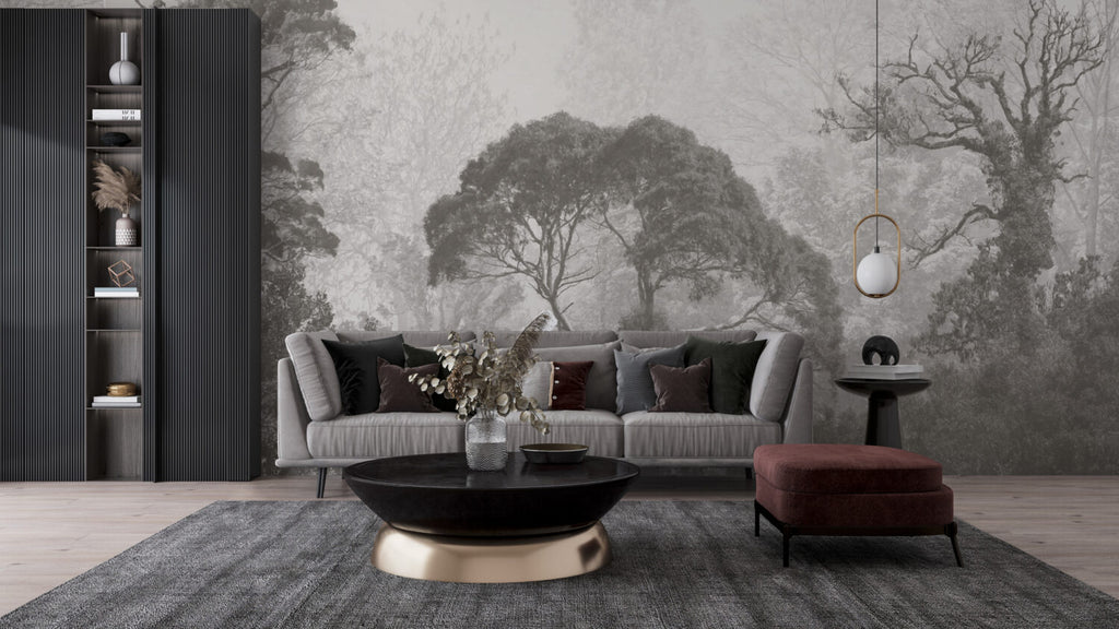 Grey Misty Trees Wallpaper : Soft Forest Silhouette Mural - View 3