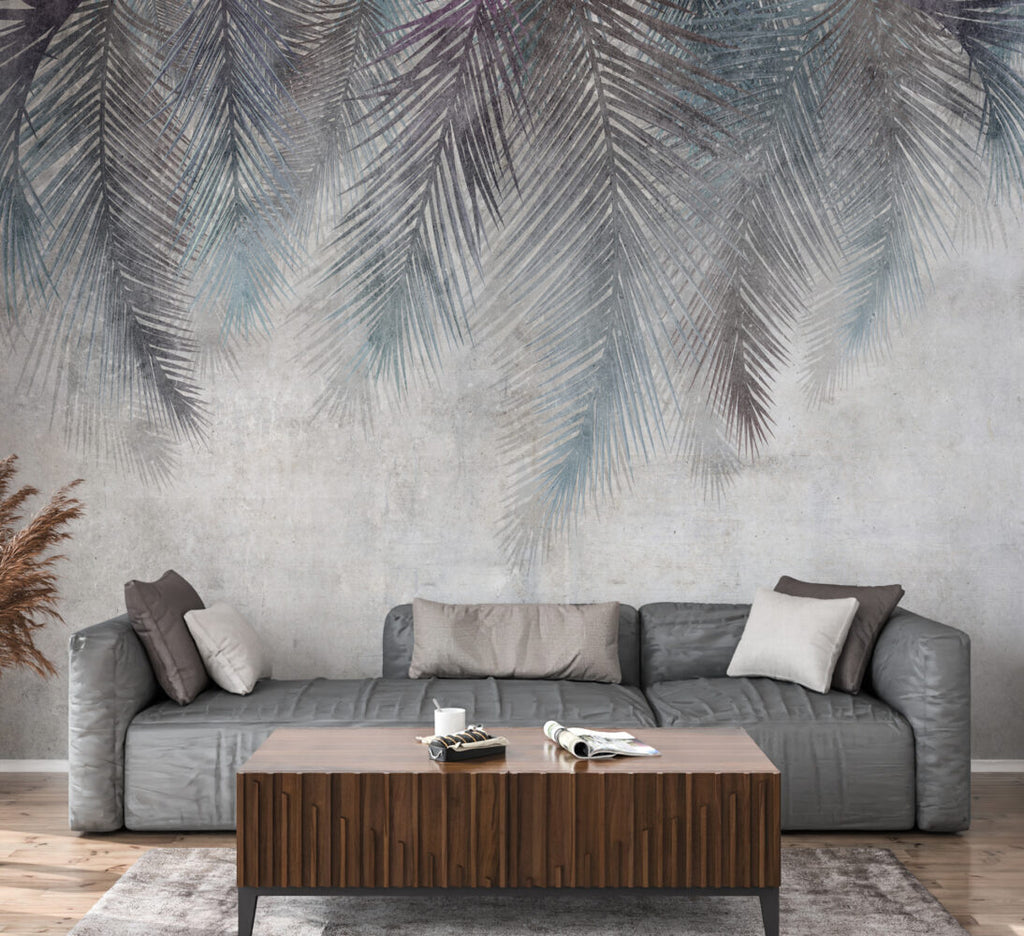 Hanging Palm Fronds Wallpaper : Blue and Purple Leaves on Plaster Mural