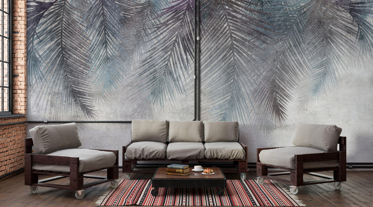 Hanging Palm Fronds Wallpaper : Blue and Purple Leaves on Plaster Mural - View 2