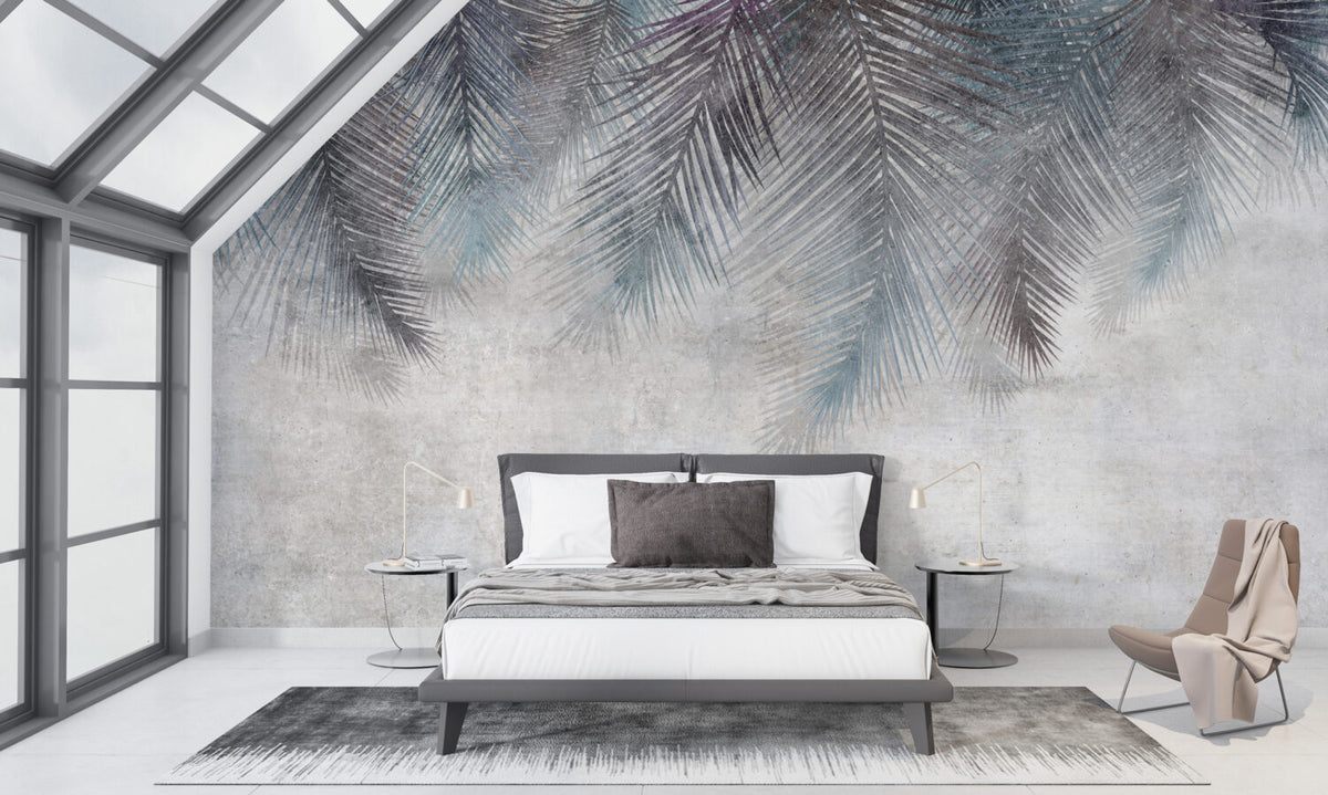 Hanging Palm Fronds Wallpaper : Blue and Purple Leaves on Plaster Mural - View 3