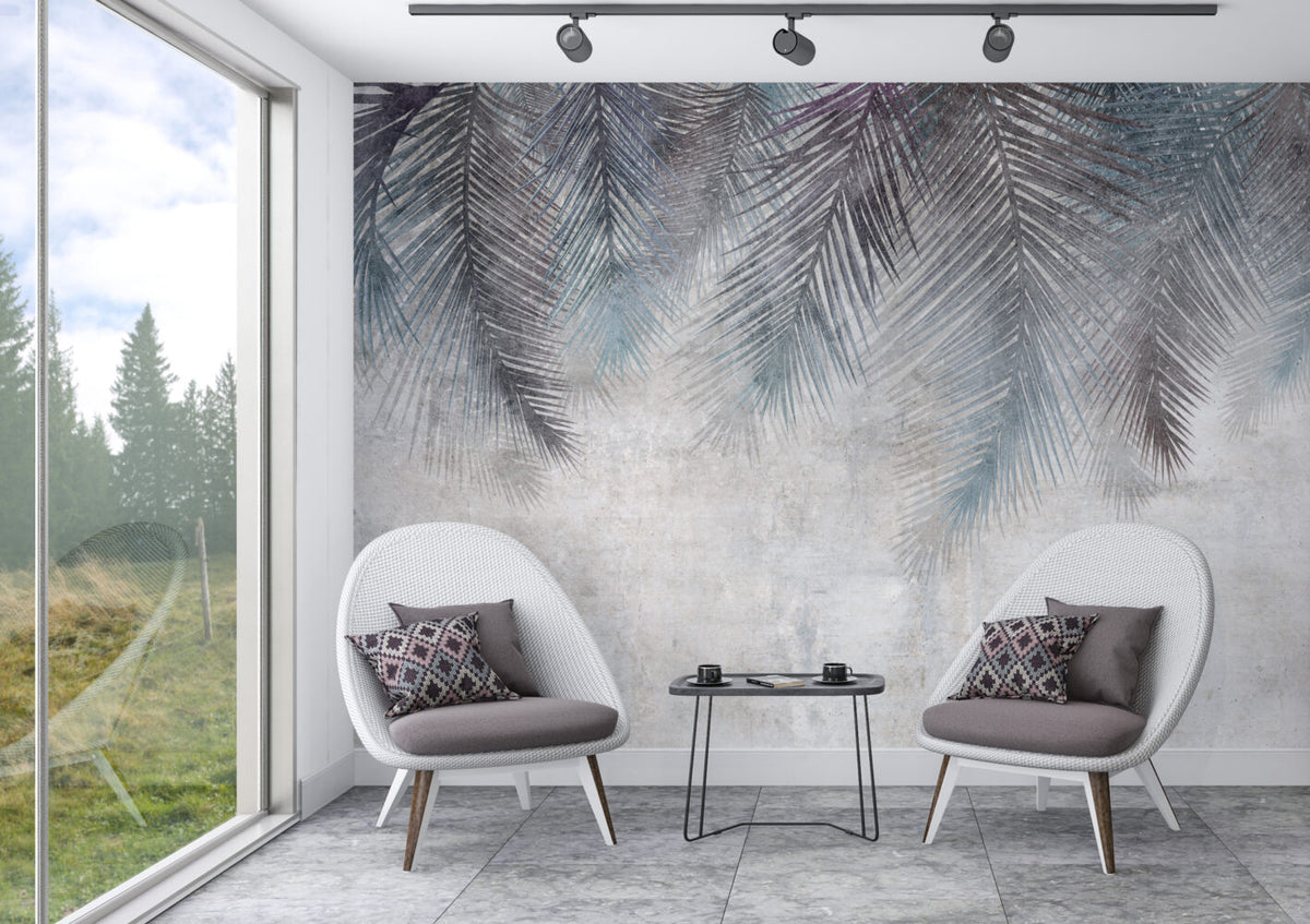 Hanging Palm Fronds Wallpaper : Blue and Purple Leaves on Plaster Mural - View 4