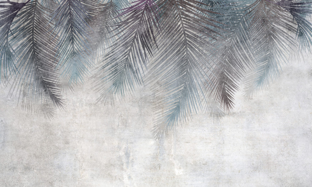 Hanging Palm Fronds Wallpaper : Blue and Purple Leaves on Plaster Mural - flat design