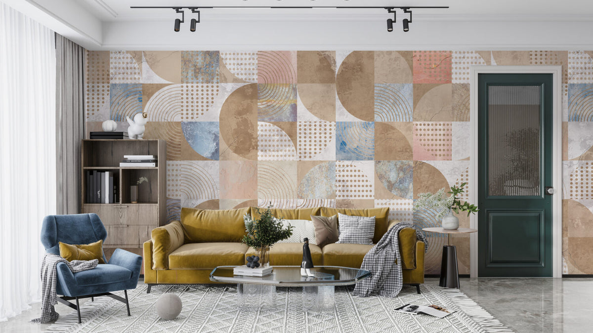 Vintage Geometric Wallpaper : Distressed Arc and Dot Tile Mural - View 2