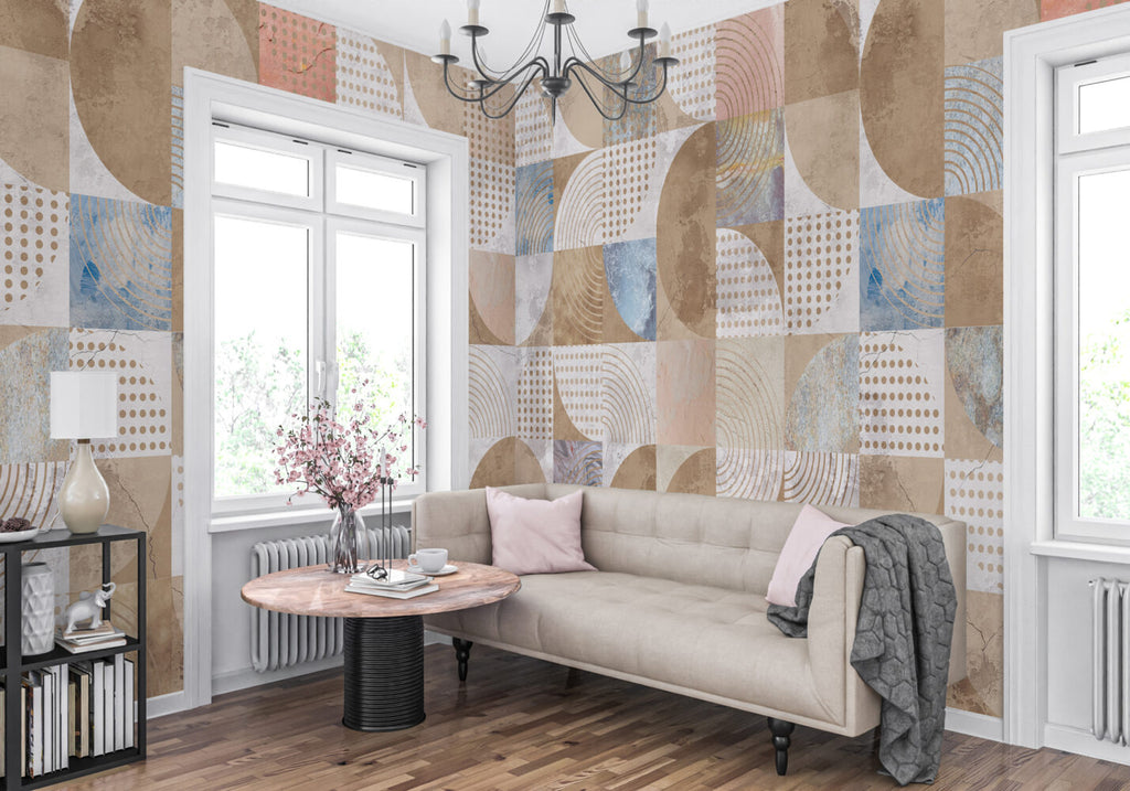 Vintage Geometric Wallpaper : Distressed Arc and Dot Tile Mural - View 3