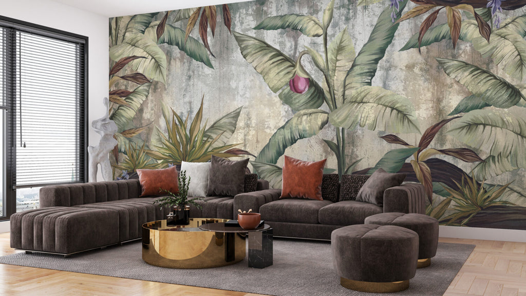Tropical Ruins Wallpaper : Banana Leaves on Weathered Wall Mural - View 2
