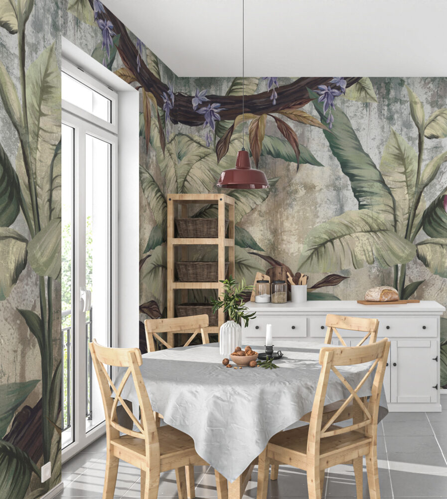 Tropical Ruins Wallpaper : Banana Leaves on Weathered Wall Mural