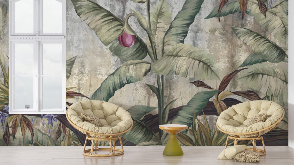 Tropical Ruins Wallpaper : Banana Leaves on Weathered Wall Mural - View 3