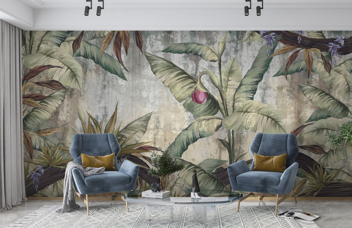 Tropical Ruins Wallpaper : Banana Leaves on Weathered Wall Mural - View 4