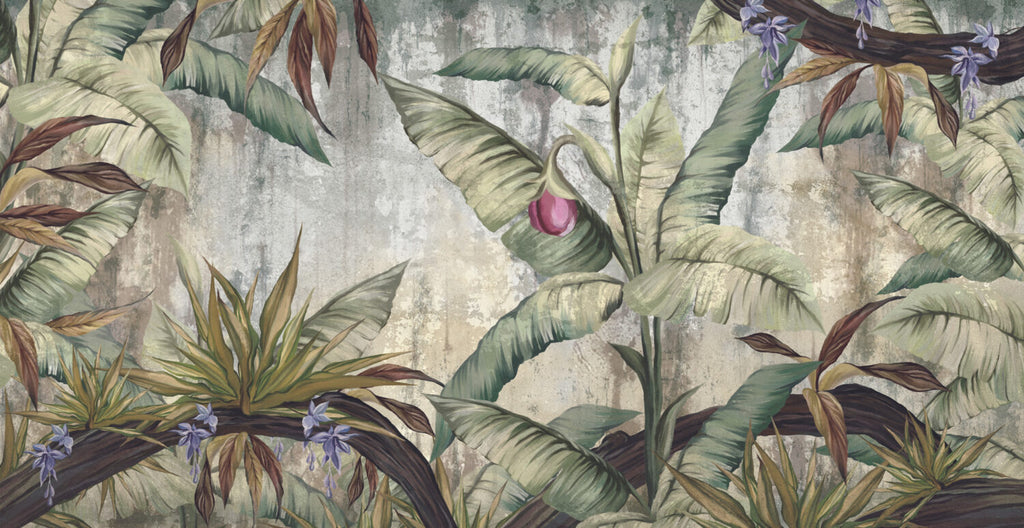 Tropical Ruins Wallpaper : Banana Leaves on Weathered Wall Mural - flat design