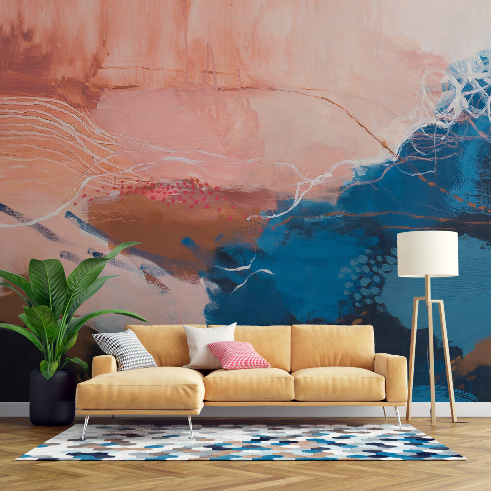 Coral and Navy Brush Wallpaper : Abstract Canvas Painting Mural - View 2