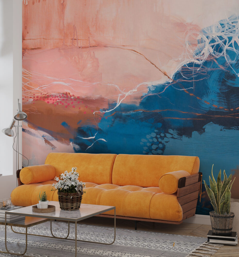 Coral and Navy Brush Wallpaper : Abstract Canvas Painting Mural