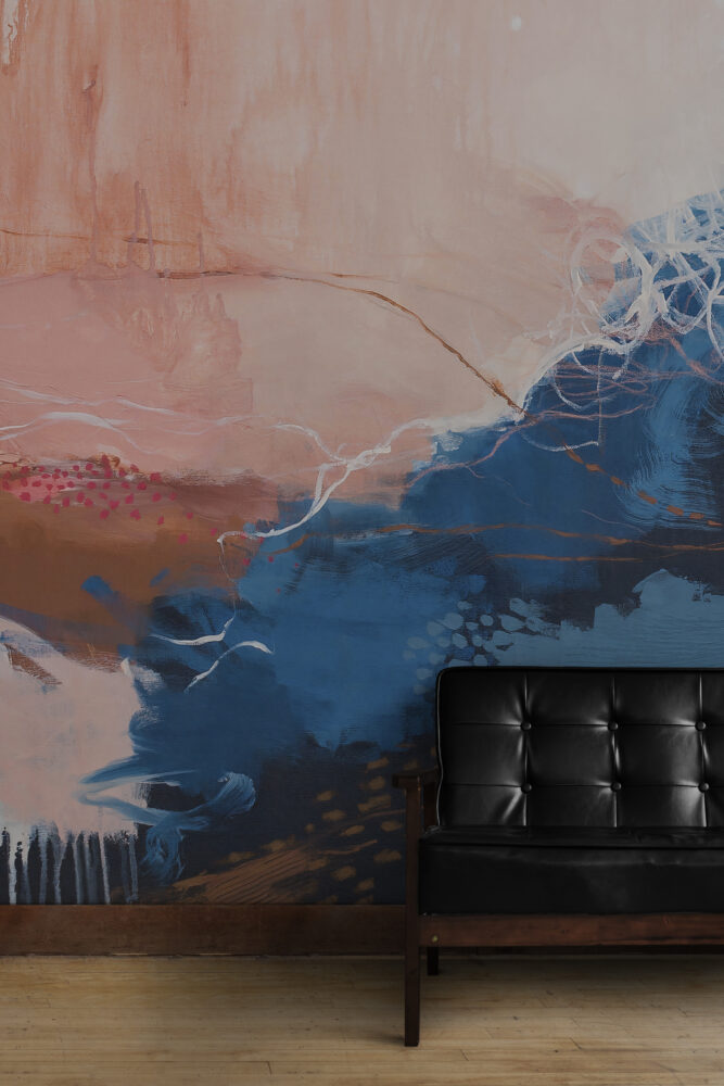Coral and Navy Brush Wallpaper : Abstract Canvas Painting Mural - View 4
