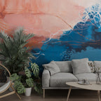 Coral and Navy Brush Wallpaper : Abstract Canvas Painting Mural - View 5