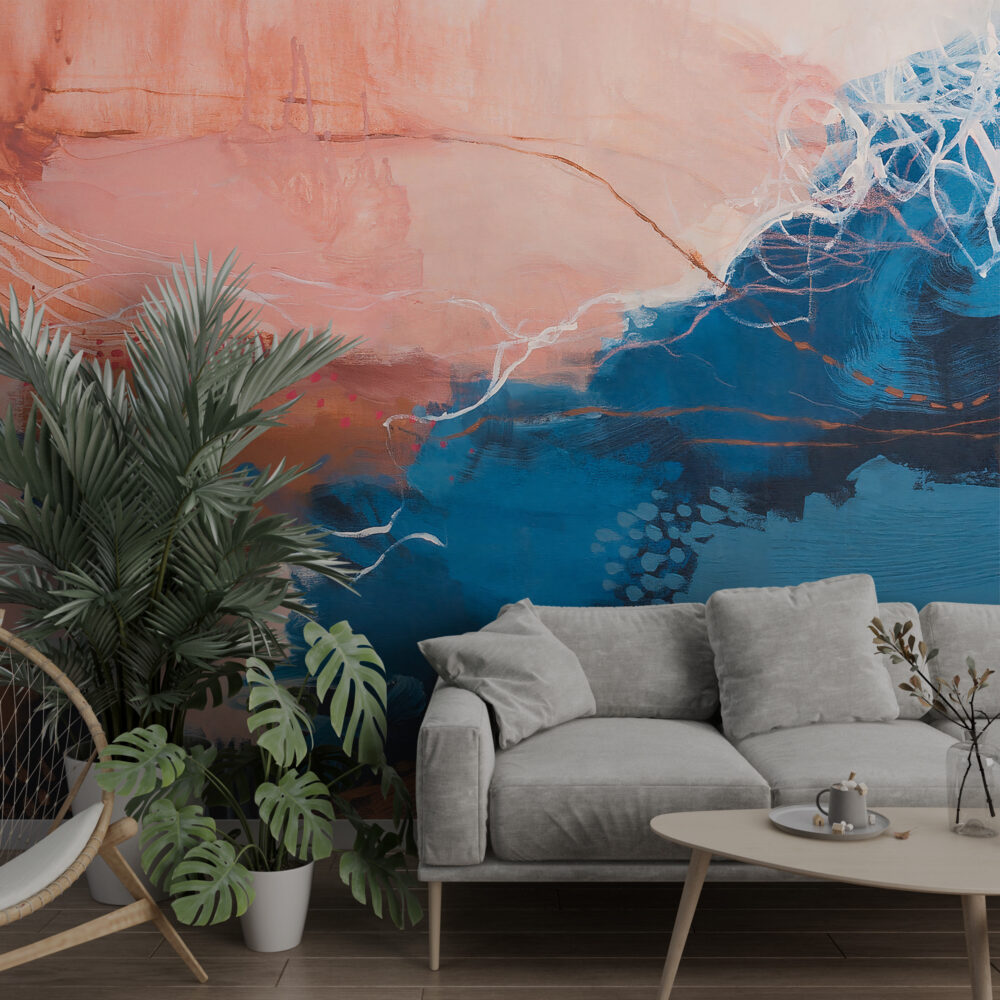 Coral and Navy Brush Wallpaper : Abstract Canvas Painting Mural - View 5