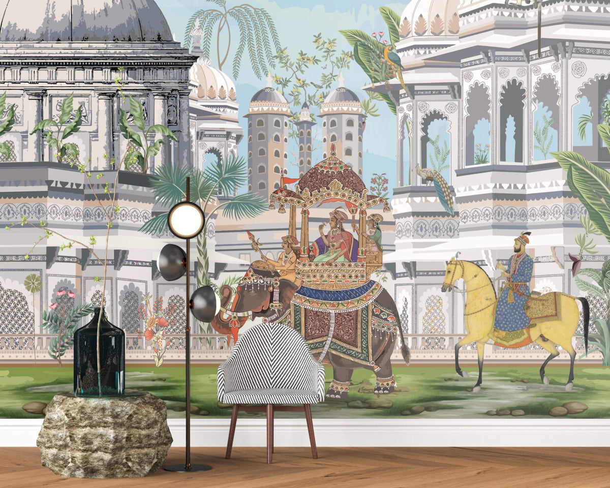 Royal Procession Wallpaper : Indian Palace and Elephant Mural