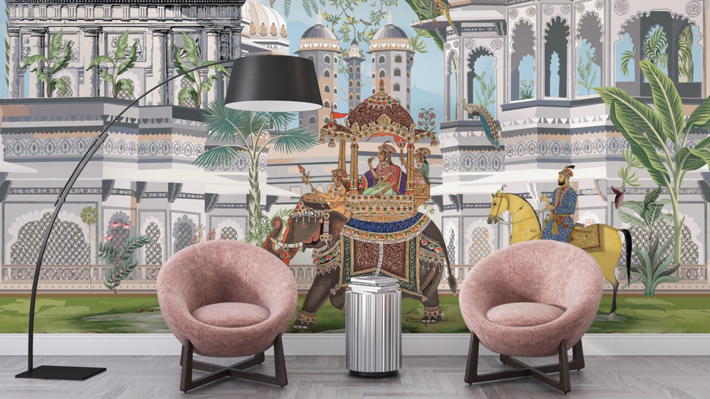 Royal Procession Wallpaper : Indian Palace and Elephant Mural - View 2