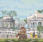 Royal Procession Wallpaper : Indian Palace and Elephant Mural - flat design