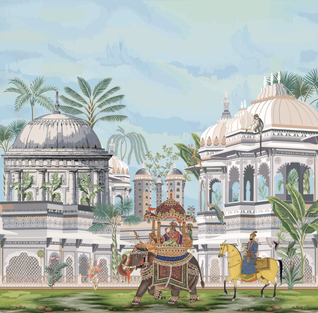 Royal Procession Wallpaper : Indian Palace and Elephant Mural - flat design