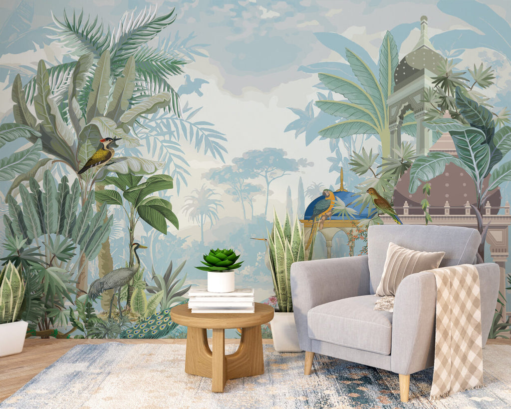 Tropical Pavilion Wallpaper : Peacock and Birds Garden Mural - View 2