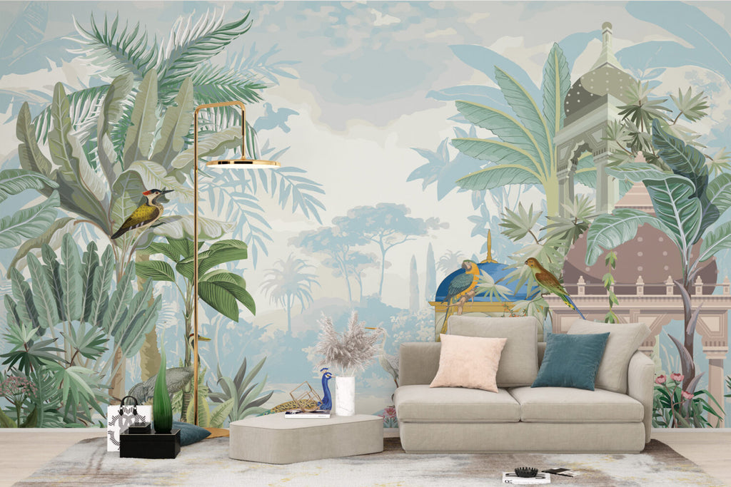 Tropical Pavilion Wallpaper : Peacock and Birds Garden Mural - View 3