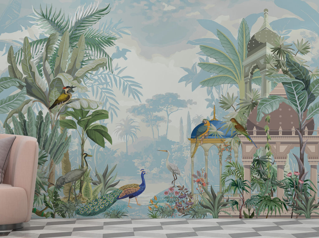 Tropical Pavilion Wallpaper : Peacock and Birds Garden Mural