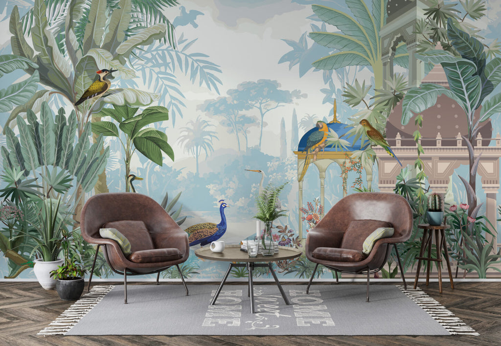 Tropical Pavilion Wallpaper : Peacock and Birds Garden Mural - View 4
