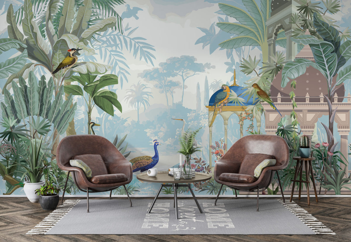 Tropical Pavilion Wallpaper : Peacock and Birds Garden Mural - View 4