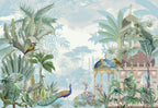 Tropical Pavilion Wallpaper : Peacock and Birds Garden Mural - flat design
