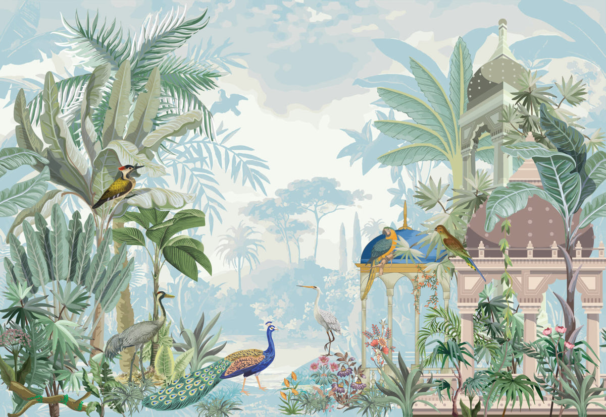 Tropical Pavilion Wallpaper : Peacock and Birds Garden Mural - flat design
