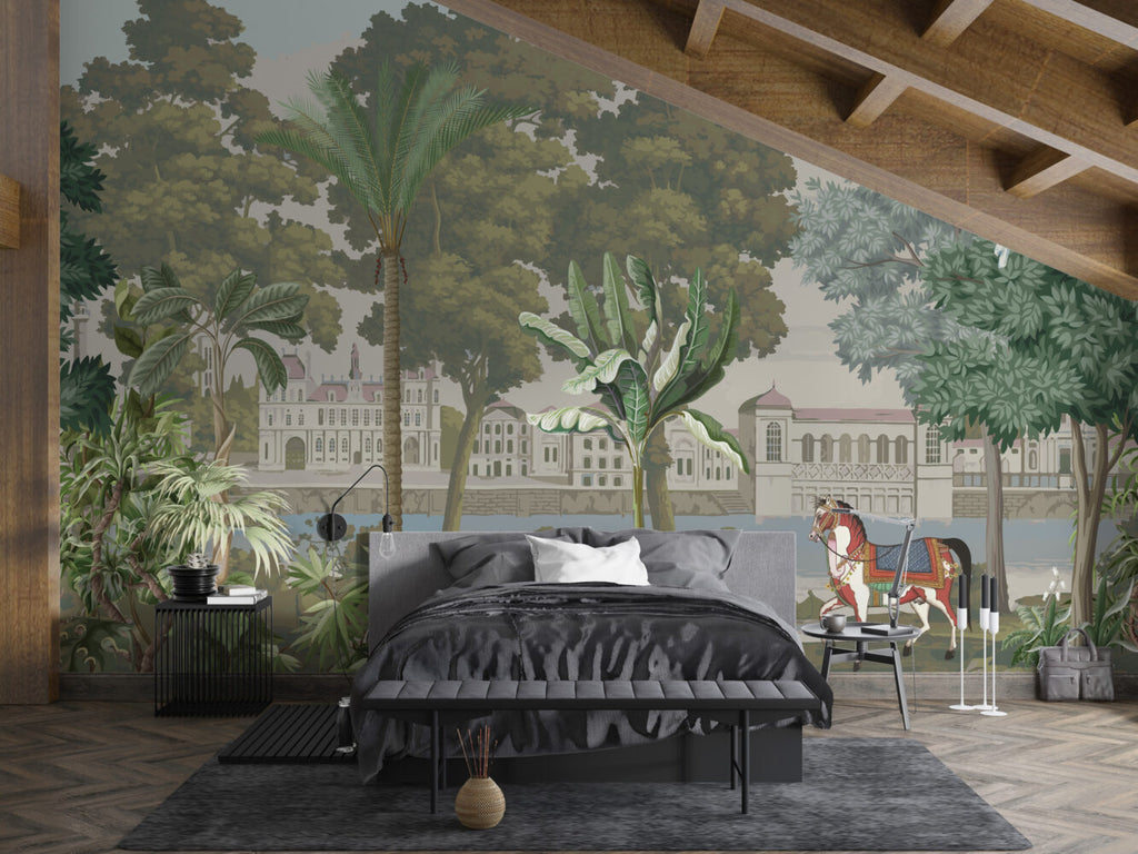Palace Lake Scenic Wallpaper : Palms, Horse and Waterfront Mural