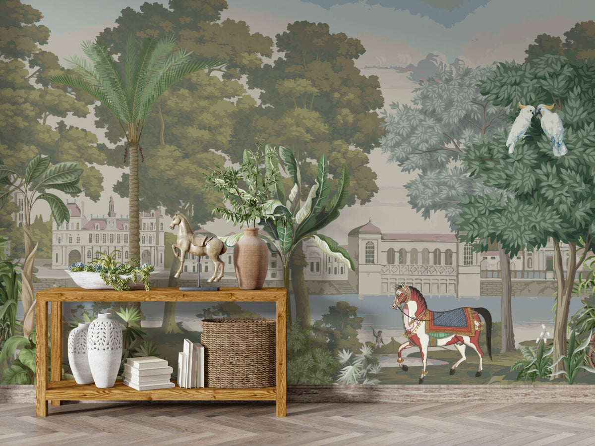 Palace Lake Scenic Wallpaper : Palms, Horse and Waterfront Mural - View 2