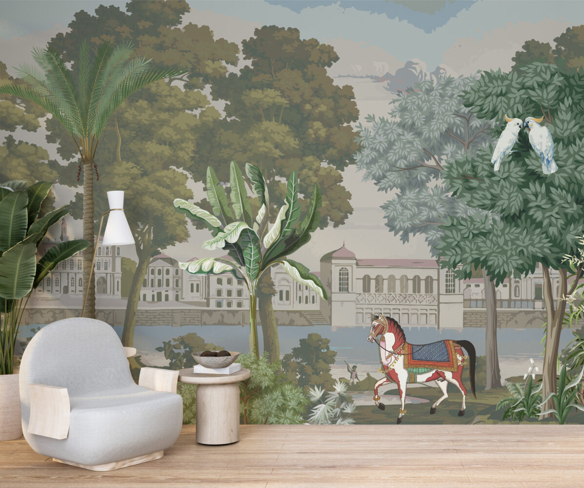 Palace Lake Scenic Wallpaper : Palms, Horse and Waterfront Mural - View 3