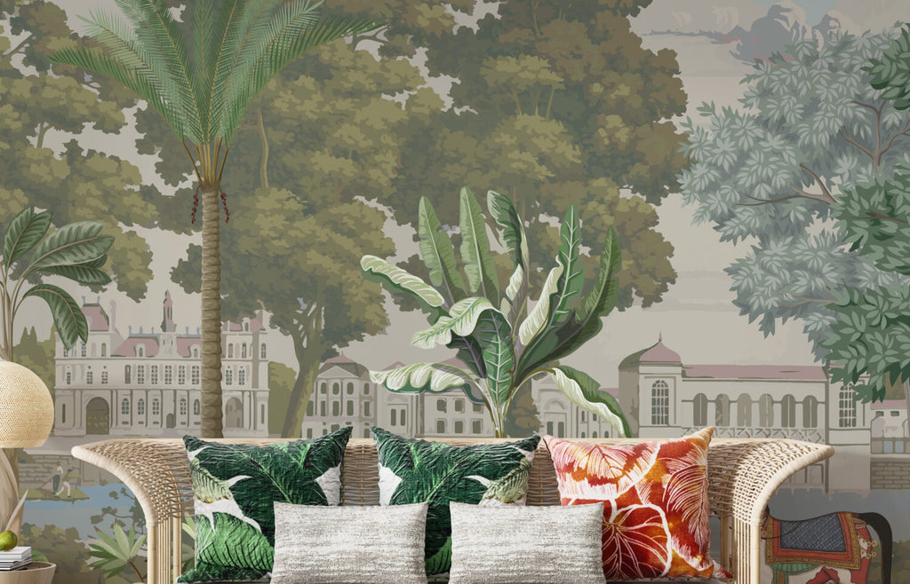 Palace Lake Scenic Wallpaper : Palms, Horse and Waterfront Mural - View 4