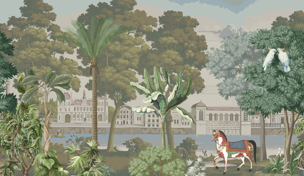 Palace Lake Scenic Wallpaper : Palms, Horse and Waterfront Mural - flat design