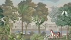Palace Lake Scenic Wallpaper : Palms, Horse and Waterfront Mural - flat design
