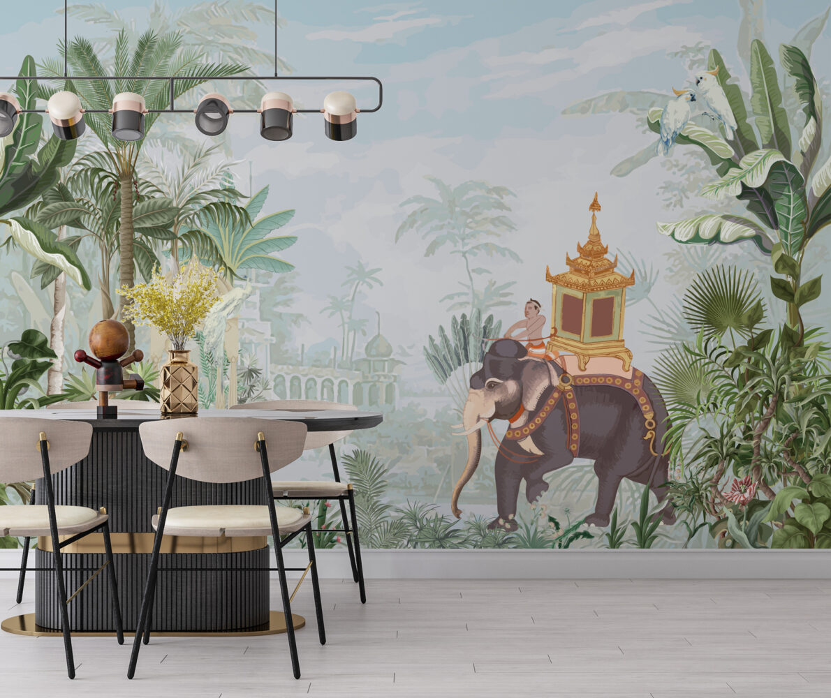 Royal Elephant Wallpaper : Tropical Jungle and Palace Mural