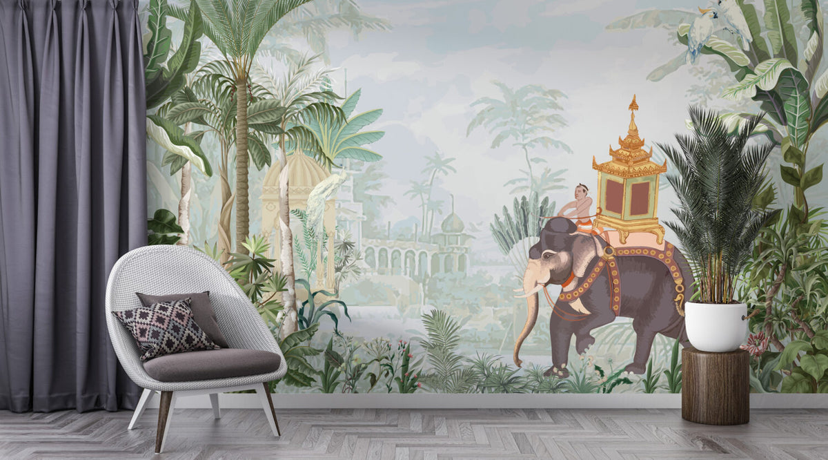 Royal Elephant Wallpaper : Tropical Jungle and Palace Mural - View 2