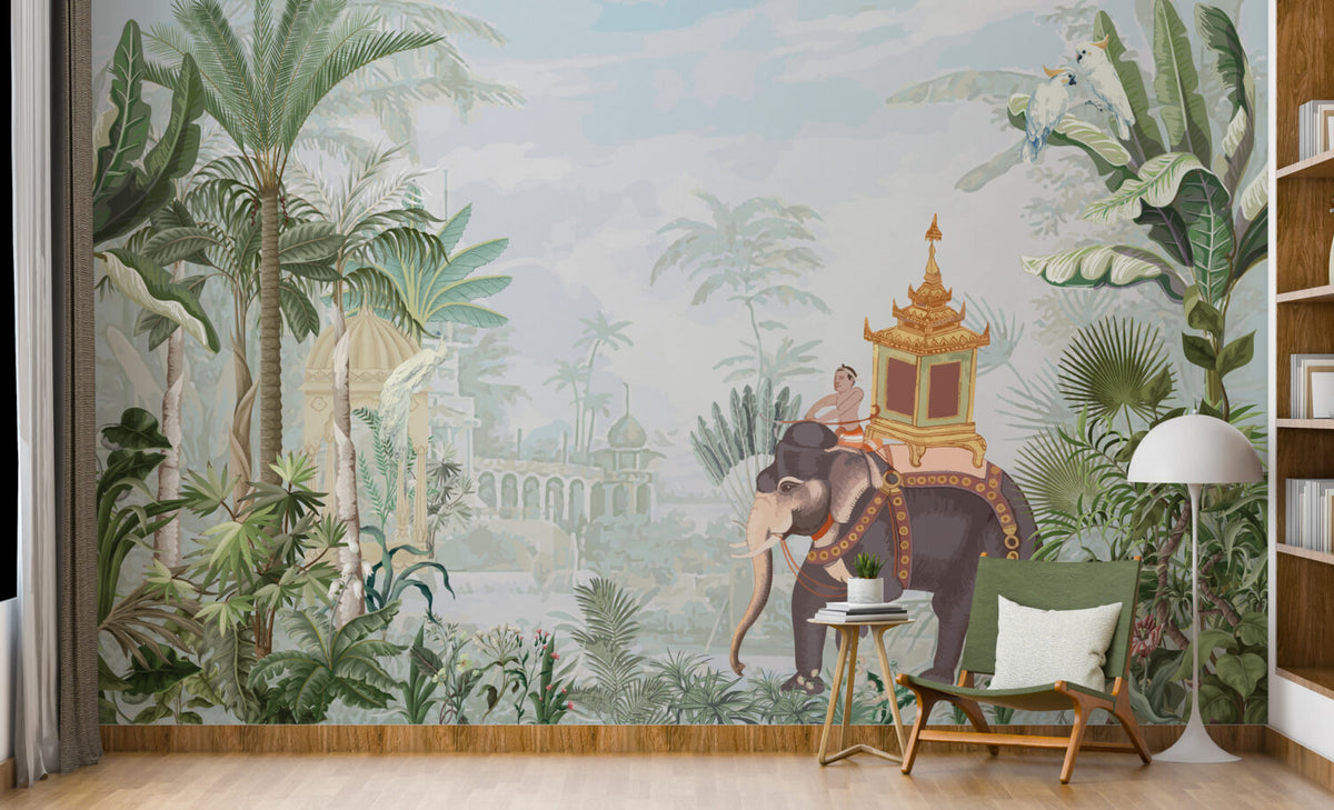 Royal Elephant Wallpaper : Tropical Jungle and Palace Mural - View 3