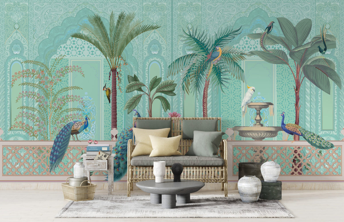 Mint Palace Garden Wallpaper : Peacocks and Palms Mural - View 2