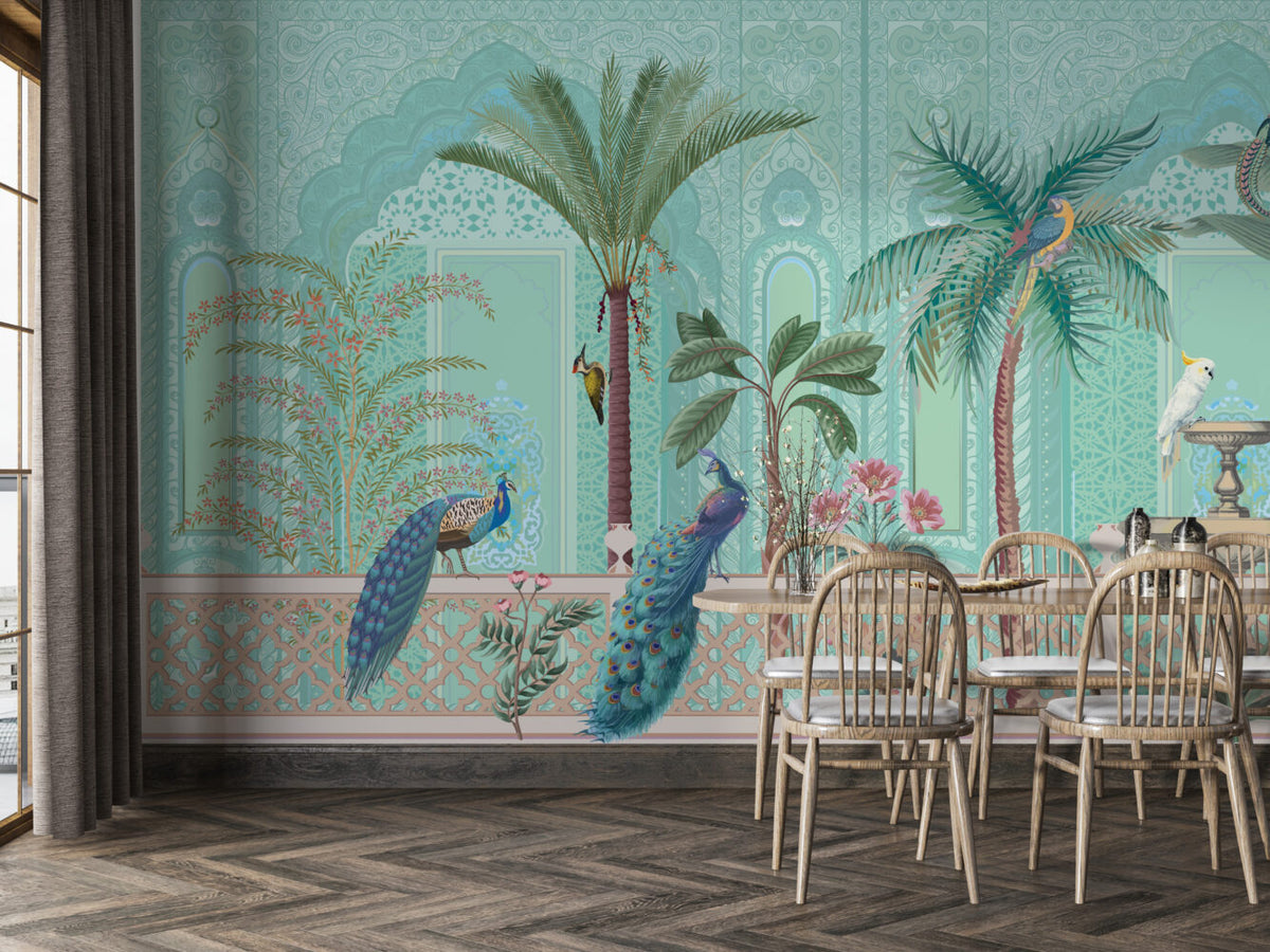 Mint Palace Garden Wallpaper : Peacocks and Palms Mural - View 3
