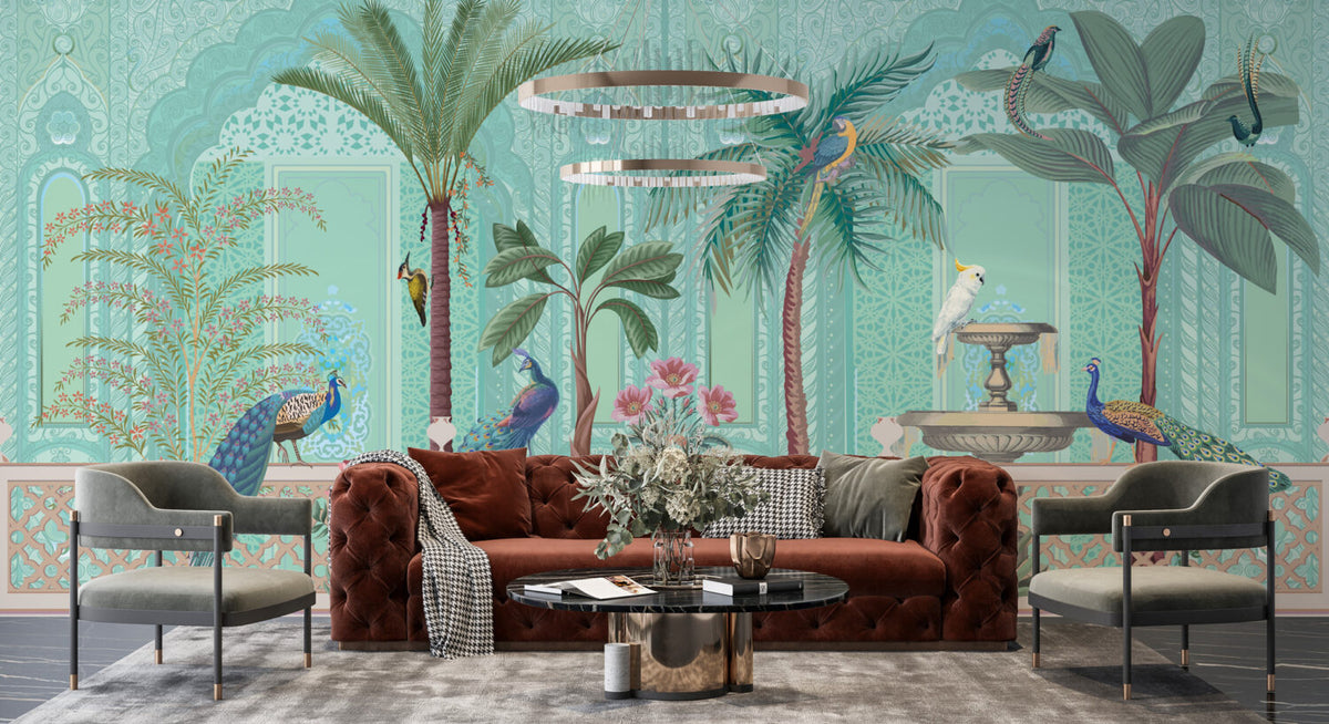 Mint Palace Garden Wallpaper : Peacocks and Palms Mural - View 4