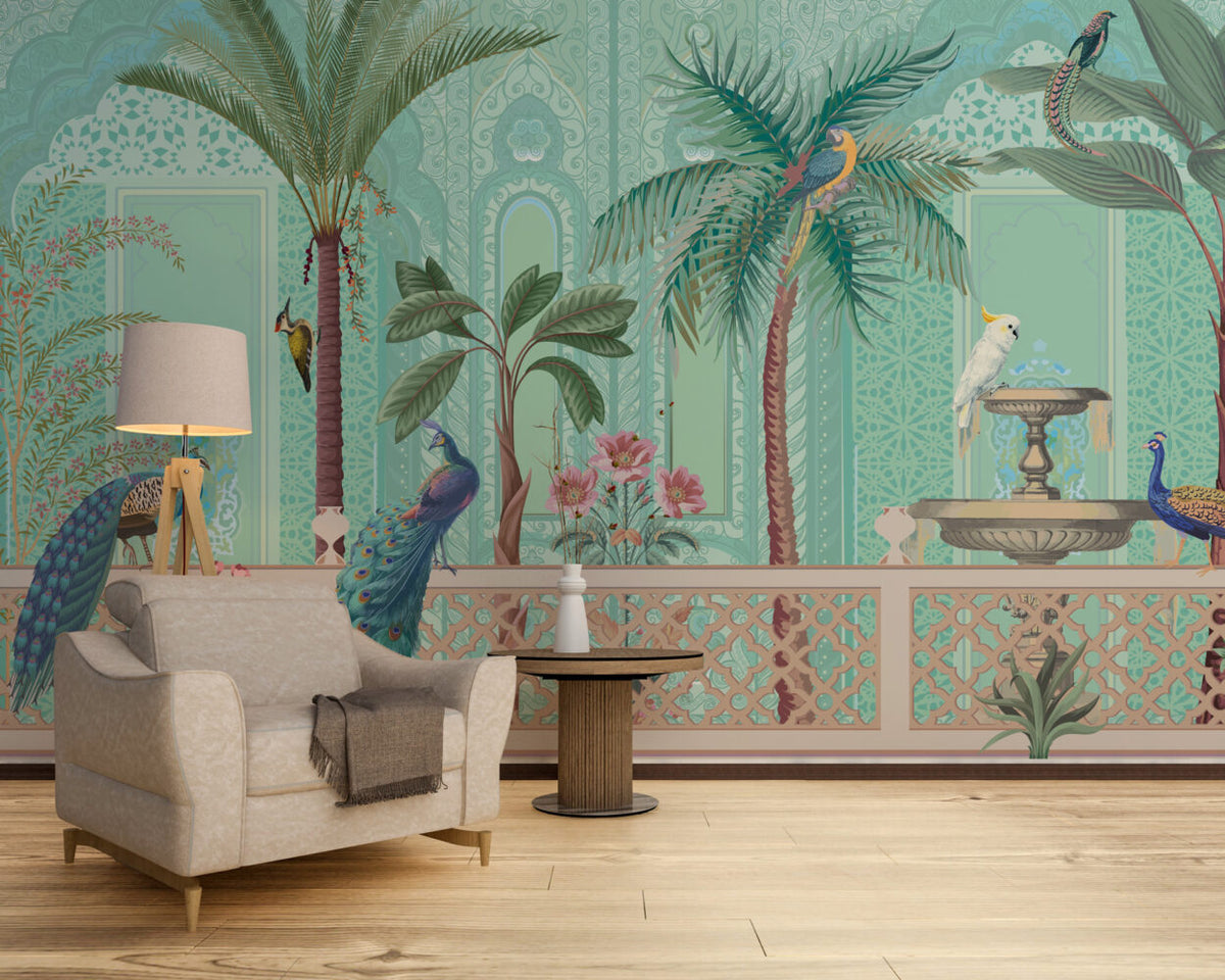 Mint Palace Garden Wallpaper : Peacocks and Palms Mural